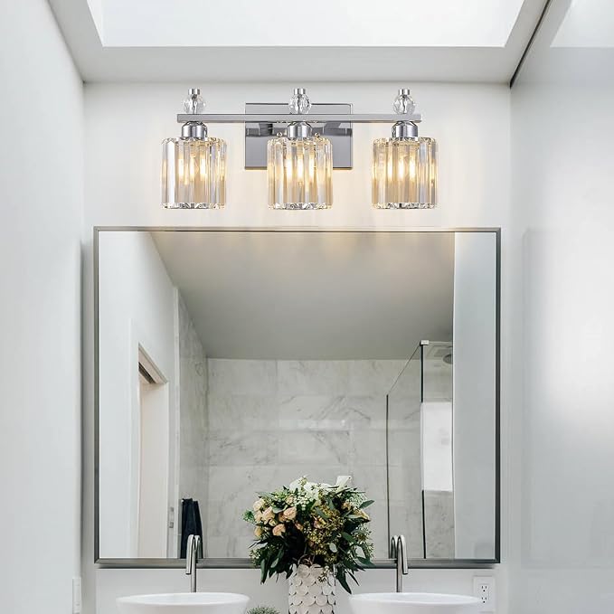 Bathroom Vanity Lights 3-Light Chrome Modern Crystal Vanity Light Fixtures Over Mirror Crystal Bathroom Vanity Lighting Fixtures
