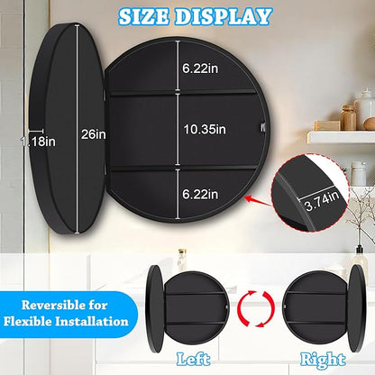 26 x 26 Inch Round Medicine Cabinet with Mirror, Surface Mount Only, Black Metal Frame Bathroom Mirror Cabinet, Modern Shatterproof Vanity Mirror with Storage
