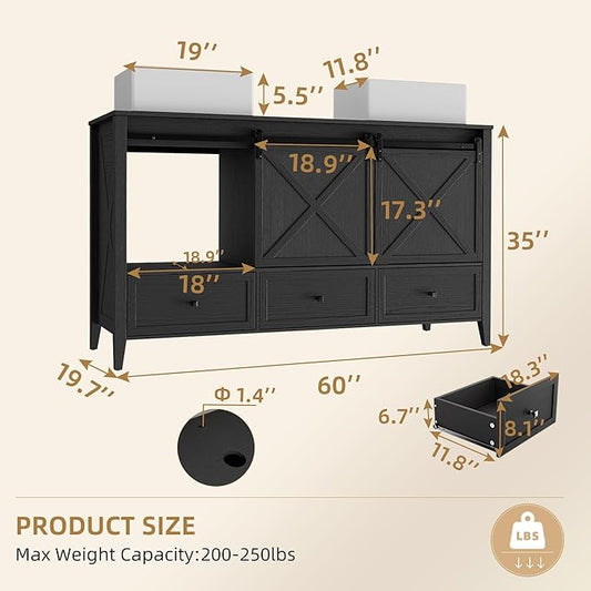 VNN Bathroom Vanity with Sink - 60 Inch Bathroom Vanity Double Sink Ceramic, Freestanding Cabinet with 2 Farmhouse Sliding Barn Doors and 5 Drawers, Space-Saving Storage Cabinet, Black Wood Grain