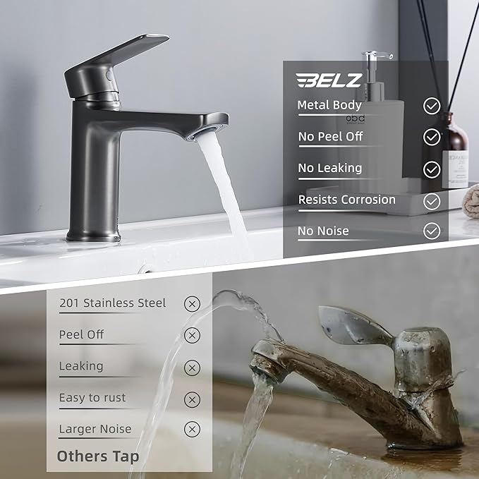 BELZ Brushed Grey Bathroom Faucet, Modern Single Handle One Hole Bath Vanity Sink Faucet for 1 Hole