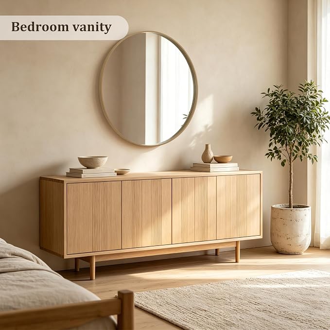 Round Wood Mirror, 40" Round Modern Decoration Large Circle Wall Mirror for Bathroom Living Room Bedroom Entryway, Natural