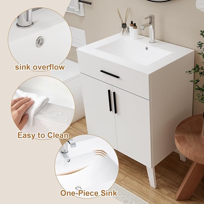 24" Bathroom Vanity with Sink, Vanity Combo with Two Soft Close Cabinet Doors, Modern Single Bathroom Cabinet Set with Metal Handles (White with Sink, 24)