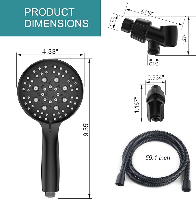 JDO Shower Head with Handheld, 6 Spray Settings High Pressure Hand Held Shower Head, 4.3" High Flow Rain Showerhead Set with Extra Long 59" Stainless Steel Hose and Adjustable Bracket(Matte Black)