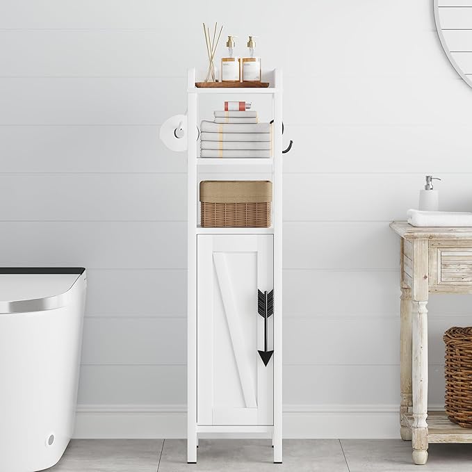 VECELO Small Bathroom Storage Cabinet with Shelves & Metal Racks, Slim Toilet Paper Holder, Bathroom Organizer Cabinet for Narrow Spaces, White, Farmhouse Style