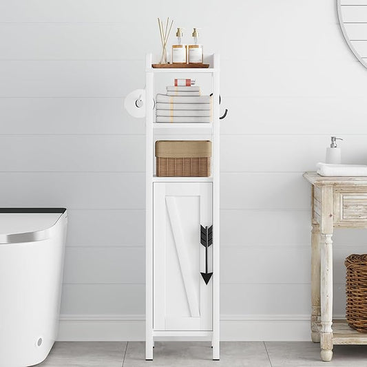 VECELO Small Bathroom Storage Cabinet with Shelves & Metal Racks, Slim Toilet Paper Holder, Bathroom Organizer Cabinet for Narrow Spaces, White, Farmhouse Style