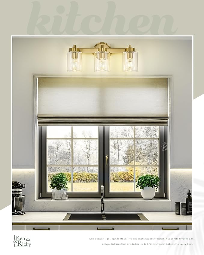 Ken & Ricky 3 Light Brushed Gold Bathroom Vanity Lights Fixtures | Over Mirror,Modern Wall Sconce,E26，Clear Glass Shades For Living Room Bedroom Entryway