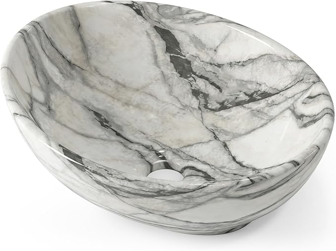KES 16 x 13 Inch Oval Marble Pattern Vessel Sink Above Counter, Ceramic Porcelain Bathroom Sink Bowl for Vanity Countertop, Modern Look, No Overflow, Sink Only, BVS124-MG
