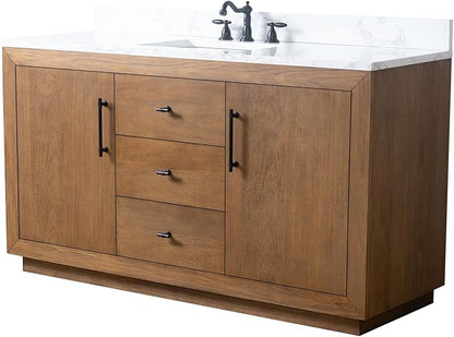 Vanity Art 60" Bathroom Vanity with Sink, Solid Poplar Wood Vanity Cabinet with Doors and Shelf, Modern Bathroom Vanity with White Marble Top, 3 Functioning Drawers,VA70-60-ST-E