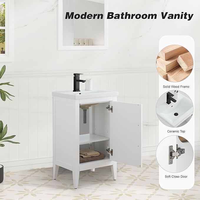 HomeBeyond 20 Inch Bathroom Vanity with Sink & Ceramic Top, Single Vanity Cabinet with Basin, Soft-Closing Doors & Matte Black Hardware, White