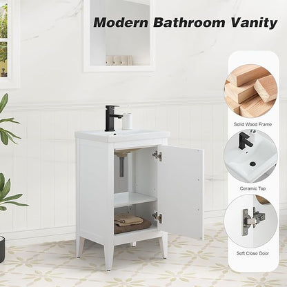 HomeBeyond 20 Inch Bathroom Vanity with Sink & Ceramic Top, Single Vanity Cabinet with Basin, Soft-Closing Doors & Matte Black Hardware, White