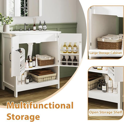 30 Inch Bathroom Vanity with Sink, Pedestal Sink Storage Cabinet with 2 Doors & LED Light, Mid-Century Modern Bathroom Vanity with Open Bottom Shelf, White