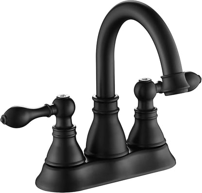 Two Handle Bathroom Sink Faucet - Matte Black 3 Hole with Overflow Pop up Drain, 360 Swivel Spout, Centerset Lavatory Faucet, F-4501-MT