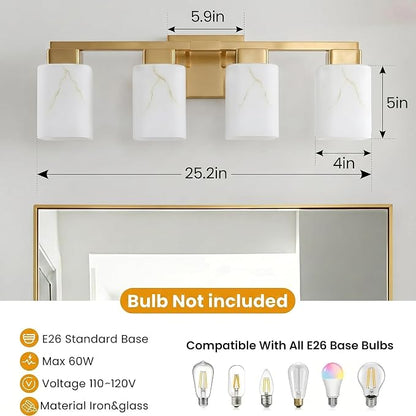 4-Light Square Bathroom Light Fixture, Gold Modern Vanity Light with White Marble Glass Shade, for Bathroom Mirror, Living Room, Bedroom, Hallway, E26 Base