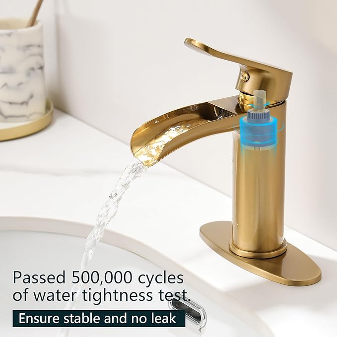 Gold Waterfall Bathroom Faucet - 4Inch Single Hole Bathroom Faucets Solid Brass Modern Single Handle Vanity Faucet for 1 Hole with Deck Plate & Overflow Pop Up Drain Brushed Gold