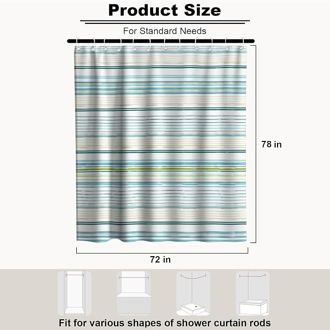Neutral Modern Striped Shower Curtain Abstract Luxury Ocean Aesthetic | Rustic Shower Curtains for Bathroom, Waterproof Bath Curtain with Hooks Machine Washable Bathtub Curtains 72x78 Inch Blue