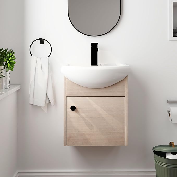 18" Bathroom Vanity with Sink, 18 Inch Floating Vanity for Small Space, Modern Single Sink Bathroom Vanity Combo, Brown Wall Mounted Cabinet Set (BN-023)