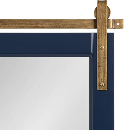 Kate and Laurel Skylan Modern Farmhouse Decorative Wood Framed Wall Mirror; 22 x 28; Navy and Antique Gold; Barn Door-Inspired Wall Hanging Mirror for Bathroom or Living Room Uses