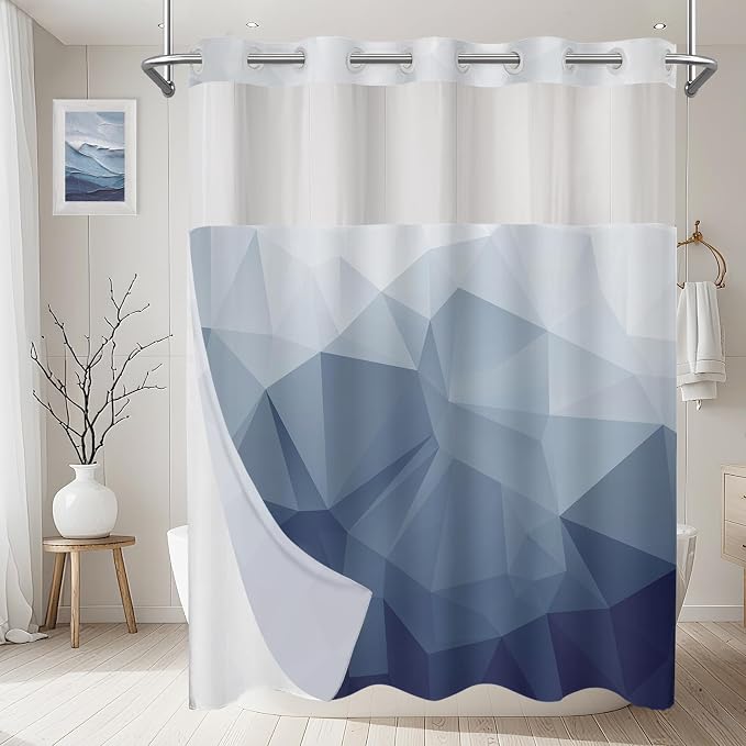 No Hook Shower Curtain with Snap in Liner Set, Blue, 71x74 | Waterproof Fabric for Bathroom, Modern Hotel Style Ombre Design, Mesh Top Window, Machine Washable, Quick Install