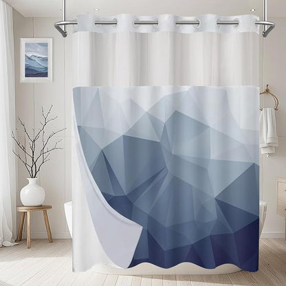 No Hook Shower Curtain with Snap in Liner Set, Blue, 71x74 | Waterproof Fabric for Bathroom, Modern Hotel Style Ombre Design, Mesh Top Window, Machine Washable, Quick Install