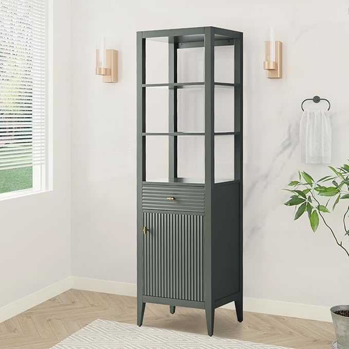 HOMEBEYOND Bathroom Vanity with Storage Cabinet & Shelves, Free-Standing Vanity with Soft-Closing Doors, Golden Brushed Handware, Vintage Green