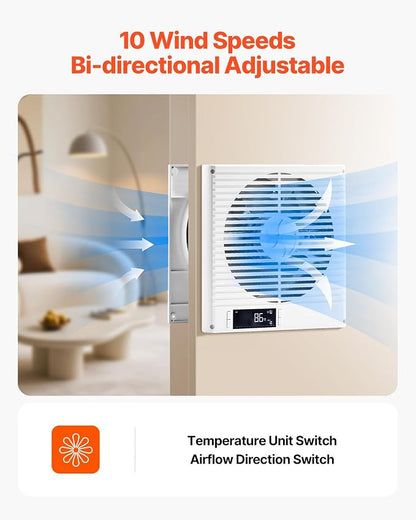 VEVOR Room to Room Fan, Two-Way Airflow Through-the-Wall Fan 8" with Remote, Temperature Control, 305 CFM 10-Speed Ventilation Quiet Vent for Bathroom, Laundry Room and Indoor