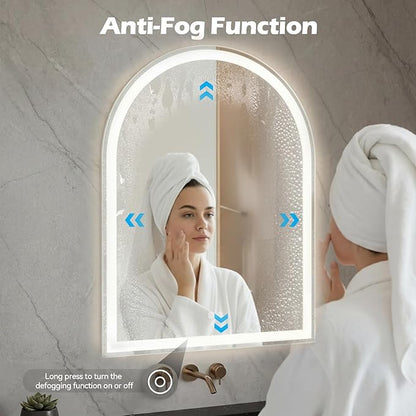 DUMOS 28"×36" LED Bathroom Mirror with Lights, Arched Vanity Mirror with Anti-Fog, Dimmable, 3-Color Light, Memory Function, Tempered Glass