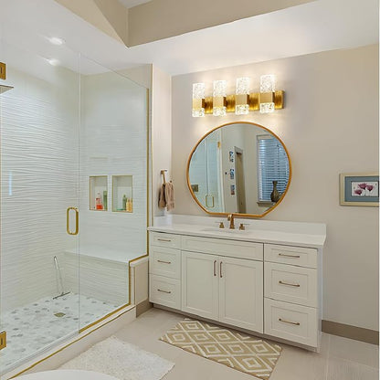 Gold Bathroom Vanity Light Fixtures - Brushed Gold Vanity Light Bathroom Lighting Fixtures Over Mirror 40W Dimmable Crystal Wall sconces 4 Light LED Modern Bathrooms Lights 4000K