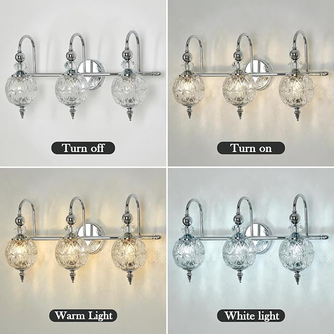 Modern Bathroom Light Fixtures Polished Chrome Vanity Light with Glass Globe LampShade 3 Lights Mid Century G9 Bulb Wall Sconce Indoor Vanity Light Over Mirror for Bedroom Kitchen Hallway