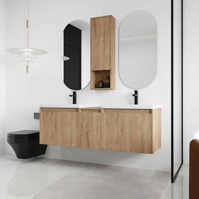 60'' Floating Bathroom Vanity with Double Sink, and 1 Side Cabinet, Brown | Double Sink Combo with 12" Side Cabinet, Plywood Cabinet, Resin Basin, Ample Storage, Soft-close Hinge, Assembly Required