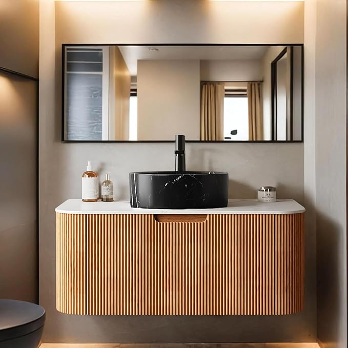 36" Floating Bathroom Vanity with Sink, Storage Cabinet with Stone Pattern Ceramic Basin and Marble Countertop, Large Storage Drawer, Soft-Close Design, No Assembly Required, Nature Wood
