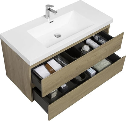 42 Inch Floating Bathroom Vanity with Sink, Wall Mounted Floating Vanity | Large Storage with 2 Soft Close Drawers, One-Piece Basin Bathroom Sink Cabinet, Natural Oak, Pre assembled