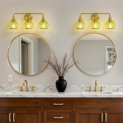 Brushed Gold Bathroom Vanity Light 3-Lights Bathroom Light Fixtures Over Mirror with Green Clear Glass Shade 22.4 inch Wall Sconce Lighting Bath(Exclude E26 Bulb)