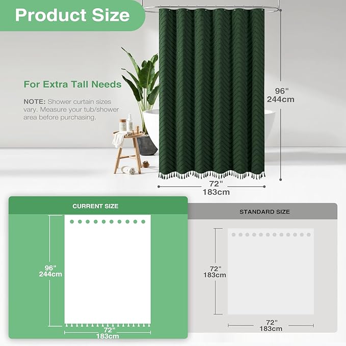 Dynamene Extra Long Shower Curtains, 96 Inch Long Boho Tufted Chevron Striped Fabric Shower Curtains for Bathroom, Tall Minimalist Waterproof Cloth Shower Curtain Set with 12 Hook, Dark Green, 72x96