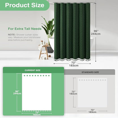 Dynamene Extra Long Shower Curtains, 96 Inch Long Boho Tufted Chevron Striped Fabric Shower Curtains for Bathroom, Tall Minimalist Waterproof Cloth Shower Curtain Set with 12 Hook, Dark Green, 72x96