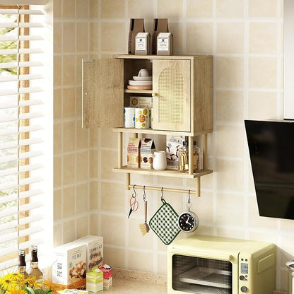 RUSTOWN Rattan Bathroom Wall Cabinet, Modern Boho Medicine Cabinet with Two Arched Rattan Doors, Over The Toilet Storage Cabinet with Adjustable Shelf and Towel Bar for Bathroom (Natural, Small)