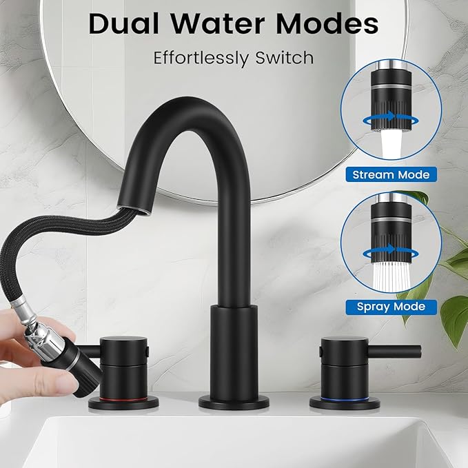 Bathroom Faucet 3 Hole, 8 Inch Widespread 2 Handle Pull Down Bathroom Sink Faucets with Pop Up Drain and 360° Swivel Spout,Matte Black