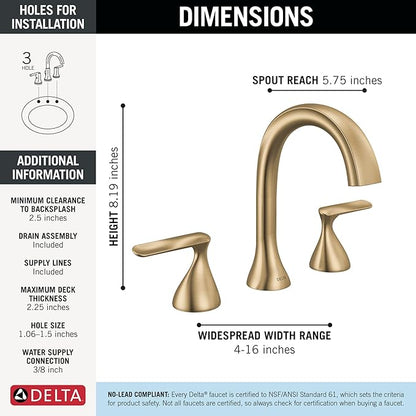 Delta Bonacci Brushed Gold Bathroom Faucet 3 Hole, 8 Inch Widespread Bathroom Sink Faucet for Vanity, Metal Push-Pop Drain Assembly, Lumicoat Champagne Bronze 3545-CZ-PR-DST