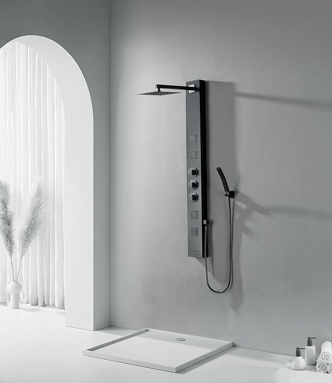 Homevacious Shower Panel Tower System,Stainless Steel Bathroom Stand Up Shower Kit,Wall-Mount Shower Panels with Rainfall Shower Head,4 Massage Body Jets,Tub Spout and Handheld Shower,Matte Black