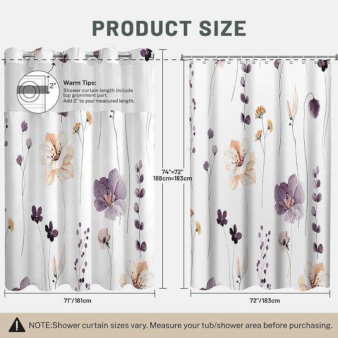 No Hook Floral Shower Curtain with Liner, Plum Flower, 71x74 | Snap in Liner, 3 in 1, Water Repellent, Easy Install, Machine Washable, Hotel Style for Bathroom, Watercolor Pattern