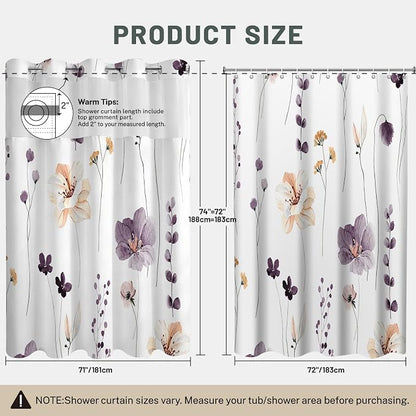 No Hook Floral Shower Curtain with Liner, Plum Flower, 71x74 | Snap in Liner, 3 in 1, Water Repellent, Easy Install, Machine Washable, Hotel Style for Bathroom, Watercolor Pattern