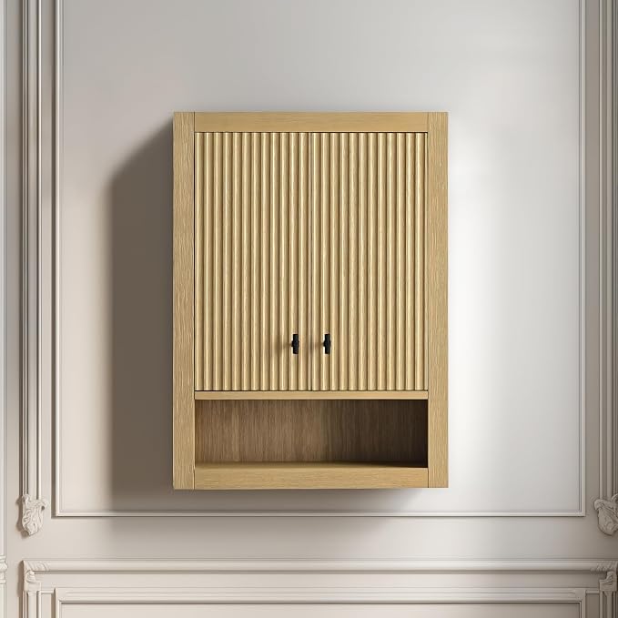Vanity Art Oak Vanity with Storage Cabinet & Shelves, Free-Standing Vanity with Soft-Closing Doors, Natural Oak, VA91-TC-NO-MB,Matte Black Handles