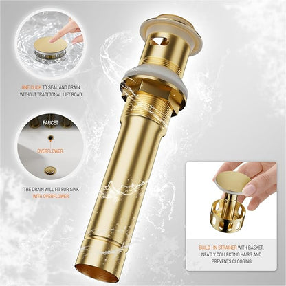 Phiestina 8 Inch 3 Hole 2 Handle Widespread Brushed Gold Bathroom Sink Faucet, Modern Bathroom Faucet with Metal Pop up Drain and Water Supply Lines, WFJC180-BG