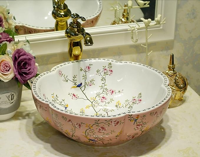 Bathroom Vanity Top Vessel Sink Pink Color American Style Ceramic Countertop Sink Bowl with Flower Bird Pattern without Faucet - Above Counter Installation - 16.4"L x 16.4"W x 5.9"H