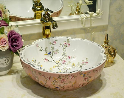 Bathroom Vanity Top Vessel Sink Pink Color American Style Ceramic Countertop Sink Bowl with Flower Bird Pattern without Faucet - Above Counter Installation - 16.4"L x 16.4"W x 5.9"H