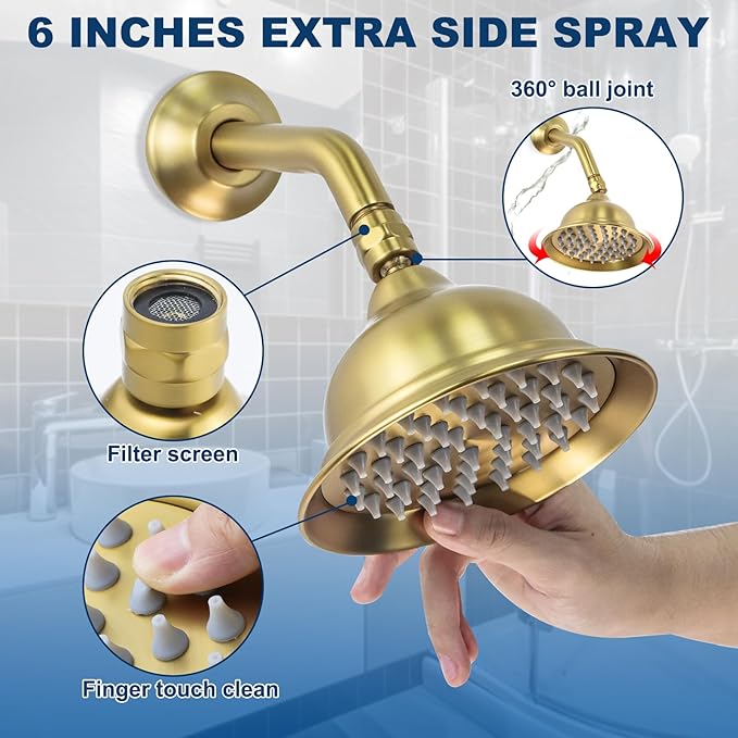 Antique Brass Shower System, 9" & 6" Dual Rain Heads and Handheld Spray Vintage Fixtures, 3-Function Dual Knob Valve with Separate Temperature Control, Brused Gold