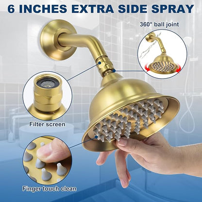 Antique Brass Shower System, 9" & 6" Dual Rain Heads and Handheld Spray Vintage Fixtures, 3-Function Dual Knob Valve with Separate Temperature Control, Brused Gold