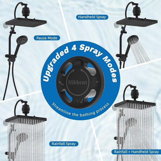 Hibbent 5-spray Dual Filtered Rainfall Shower Head with 10 Spray Handheld | High Pressure 13'' Showerhead Combo, Easy Reach 4-way Diverter Arm with Pause Mode, 71'' Hose & Holder, Matte Black