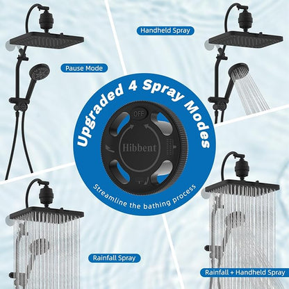 Hibbent 5-spray Dual Filtered Rainfall Shower Head with 10 Spray Handheld | High Pressure 13'' Showerhead Combo, Easy Reach 4-way Diverter Arm with Pause Mode, 71'' Hose & Holder, Matte Black