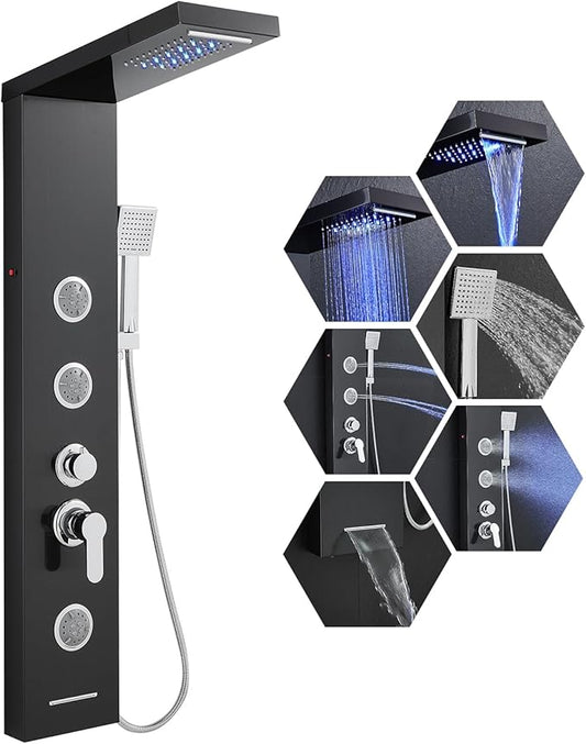 LED Shower Panel Tower System, 6-in-1 Shower Tower with Rainfall Waterfall Shower Head, 2 Modes Powerful Body Jets, Handheld Shower and Tub Spout, Stainless Steel Shower Column, Black