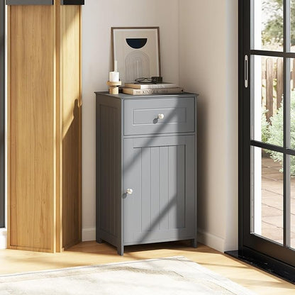 Giantex Floor Bathroom Storage Cabinet with Adjustable Shelf (Grey) | Freestanding Cabinet with Drawer, Door, Anti-Tipping Device, Storage Organizer for Sofa Side, Bathroom, Living Room